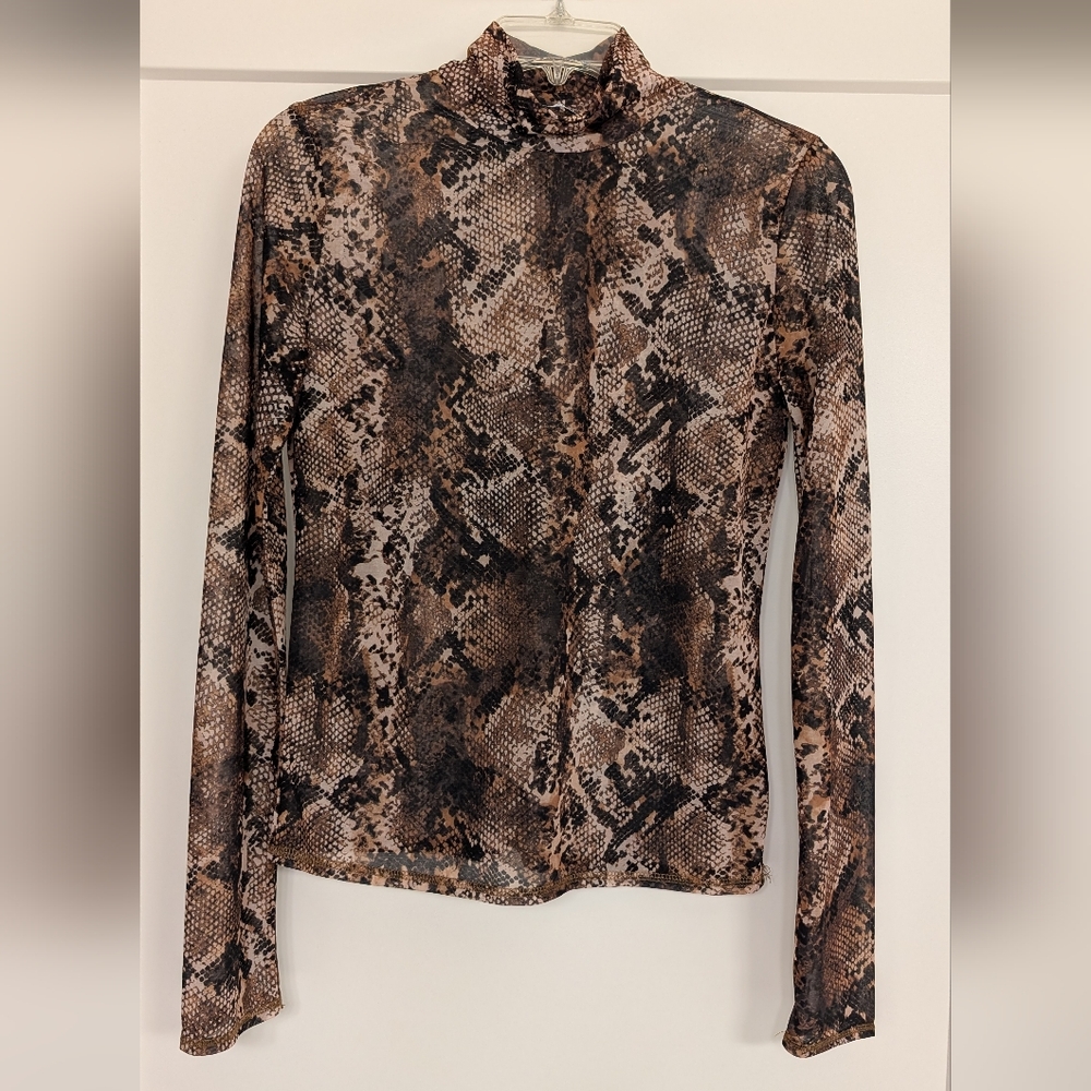 Zara Snake Print Brown and Black Sheer Long Sleeve Top Turtleneck